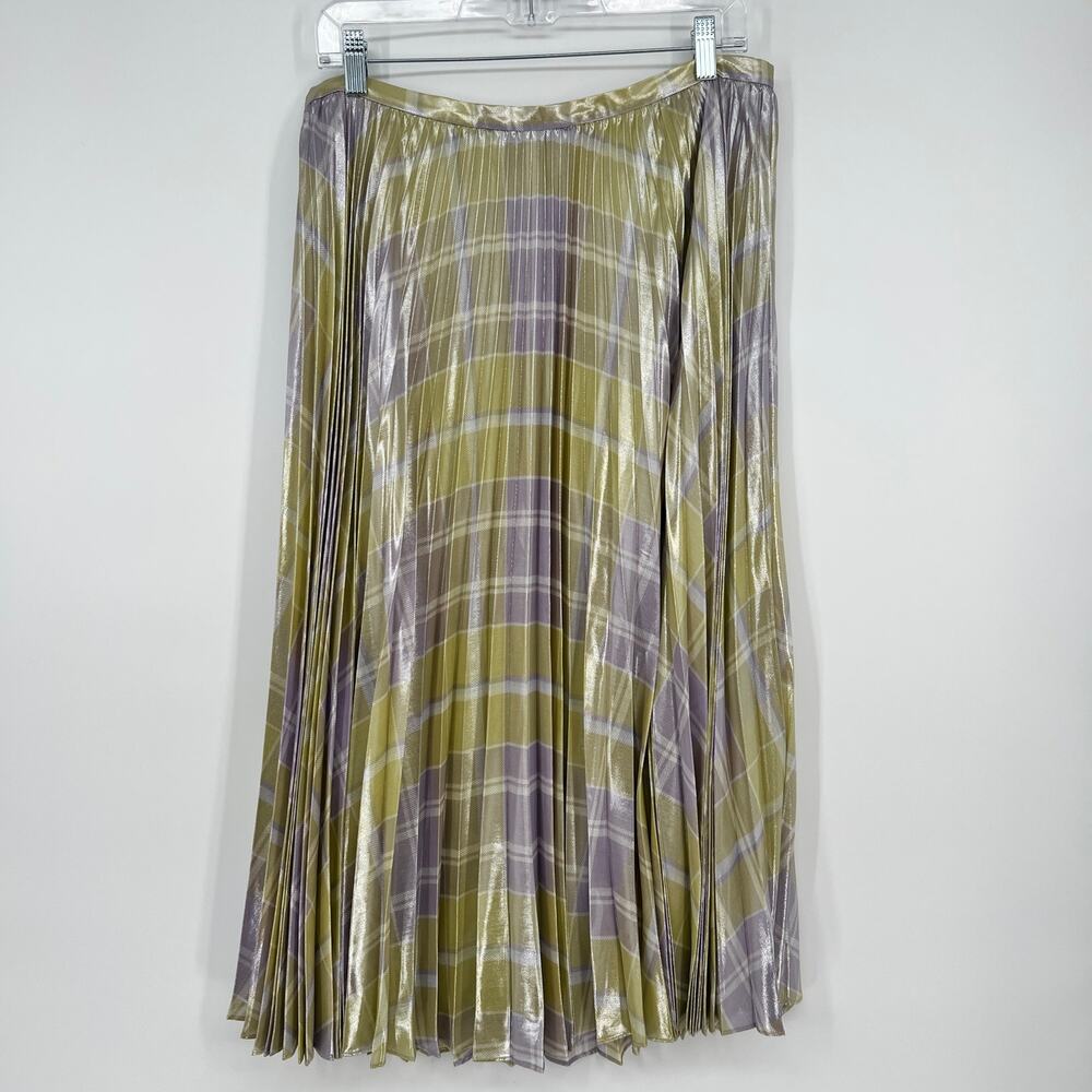 Lauren Ralph Lauren Checked Plaid Pleated Georgette Skirt 12 Green Metallic NEW - Picture 4 of 11